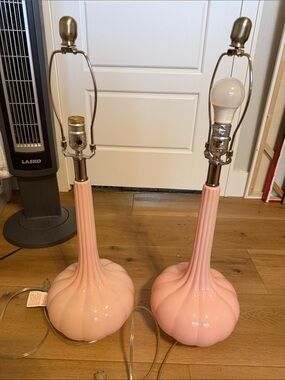 Pair of Pink Glass Table Lamps with Sculpted Bases -
